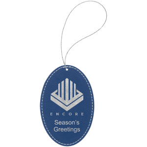 Blue/Silver Laserable Leatherette Oval Ornament with Silver String - GFT1084 - Austin Print Co.