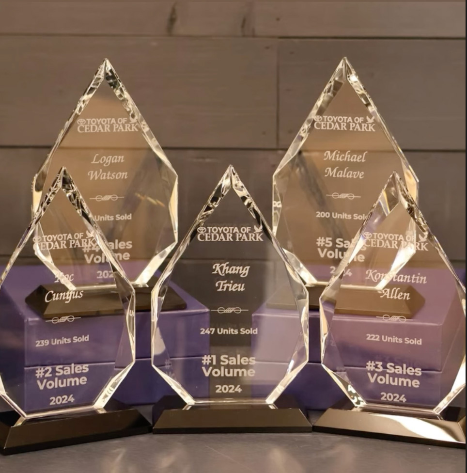 Custom laser-engraved crystal sales awards for Toyota of Cedar Park by Austin Print Co.