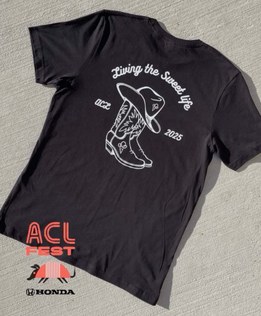 ACL Fest 2025 DTF-printed cowboy boots tee on black cotton — printed in Austin by Austin Print Co.