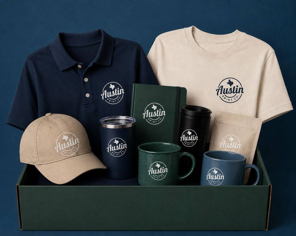 Branded Austin Print Co. employee onboarding kit with polo, tee, cap, tumbler, notebook, mugs, and coffee in a green gift box