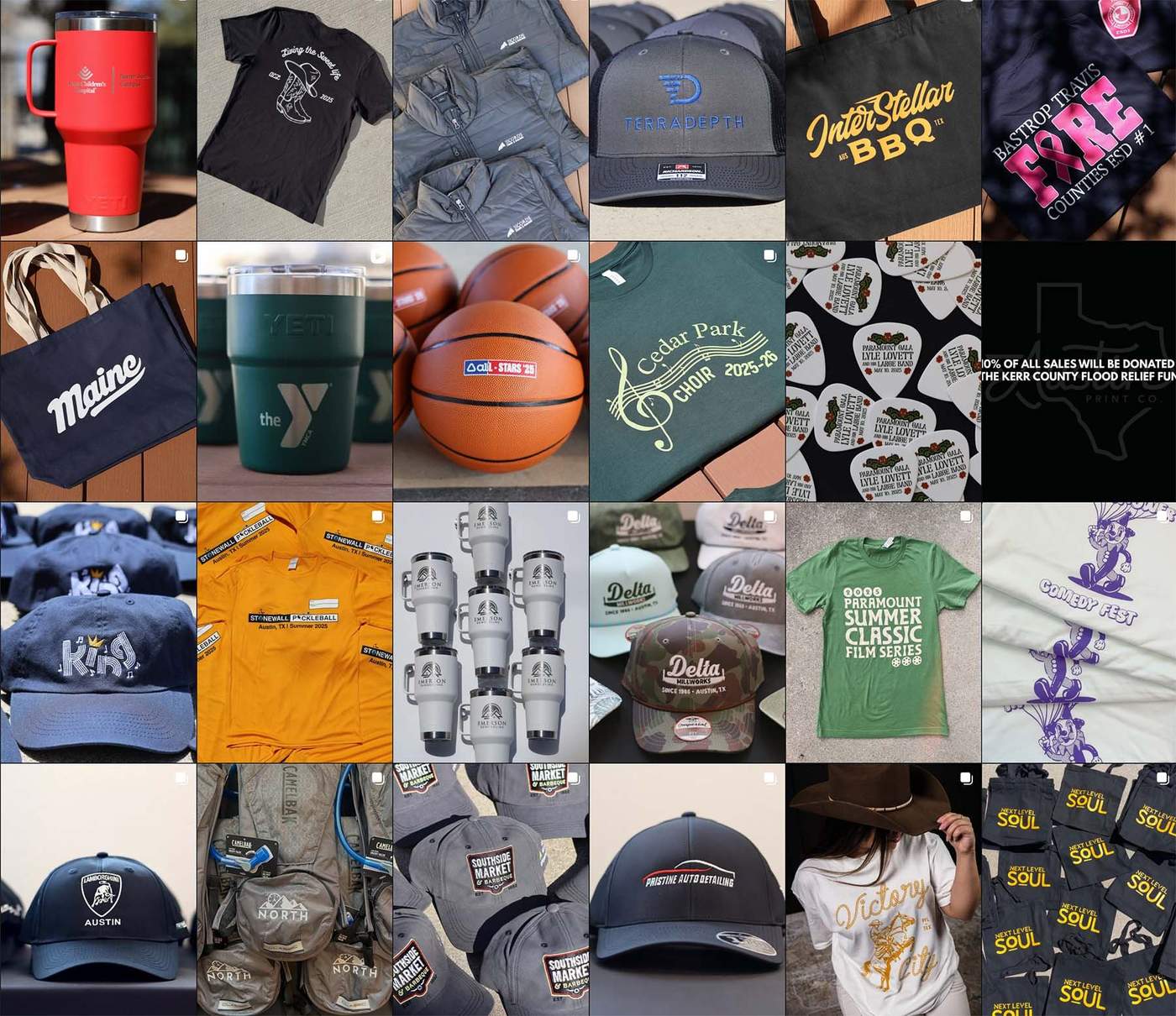 A grid of recent custom apparel and promotional projects printed and embroidered by Austin Print Co. — including YETI tumblers, embroidered hats, custom t-shirts, tote bags, and branded merchandise for Austin businesses, schools, and nonprofits.