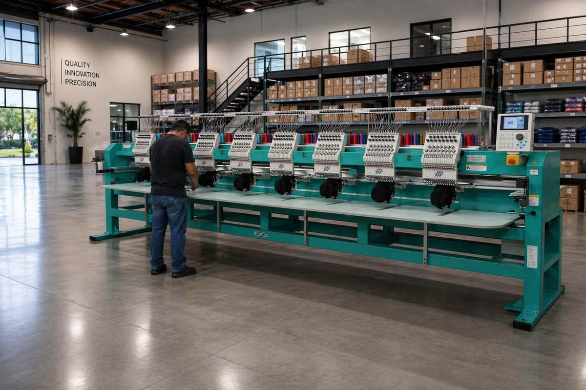 Austin Print Co. operator running the 8-head Tajima TMEZ commercial embroidery machine on the Cedar Park production floor