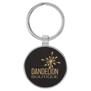 1 1/2" Laserable Leatherette/Metal Black/Gold Round Keychain - GFT2192 - Austin Print Co.