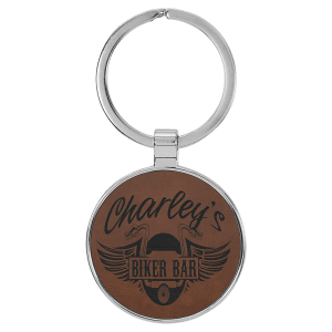 1 1/2" Laserable Leatherette/Metal Dark Brown Round Keychain - GFT2191 - Austin Print Co.