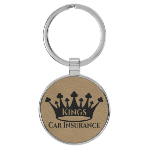 1 1/2" Laserable Leatherette/Metal Light Brown Round Keychain - GFT2190 - Austin Print Co.