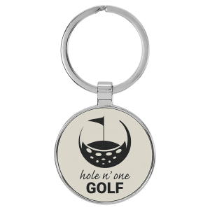 1 1/2" Laserable Leatherette/Metal White Round Keychain - GFT2202 - Austin Print Co.