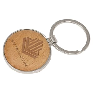 1 5/8" Silver/Wood Laserable Round Keychain - GFT138 - Austin Print Co.