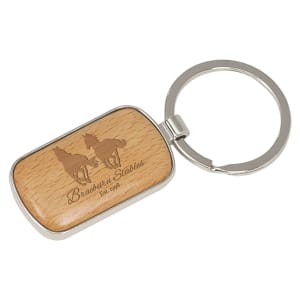 1" x 1 3/4" Silver/Wood Laserable Rounded Corner Rectangle Keychain - GFT136 - Austin Print Co.