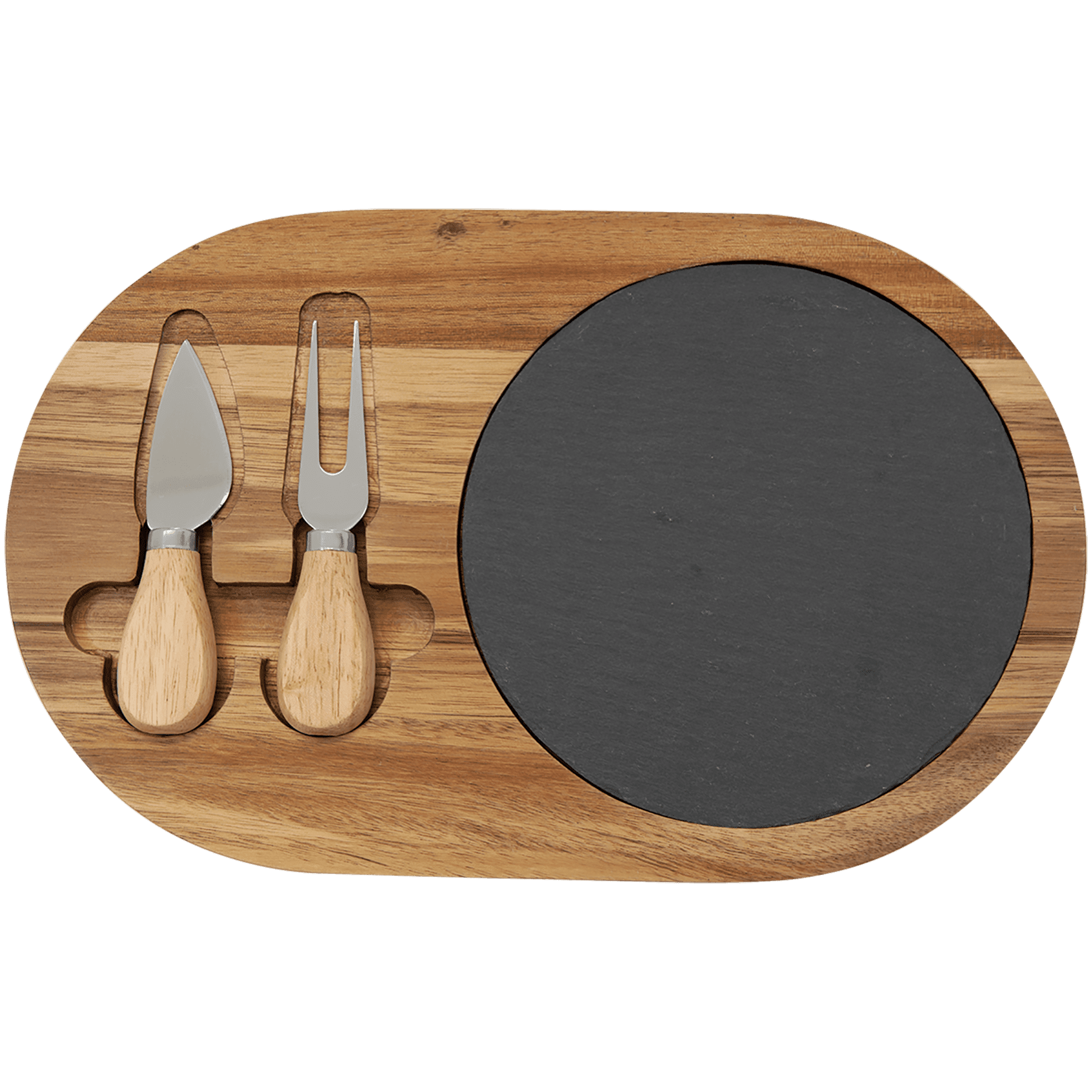 12 1/2" x 7 3/4" Acacia Wood/Slate Oval Cheese Set with Two Tools - JDS
