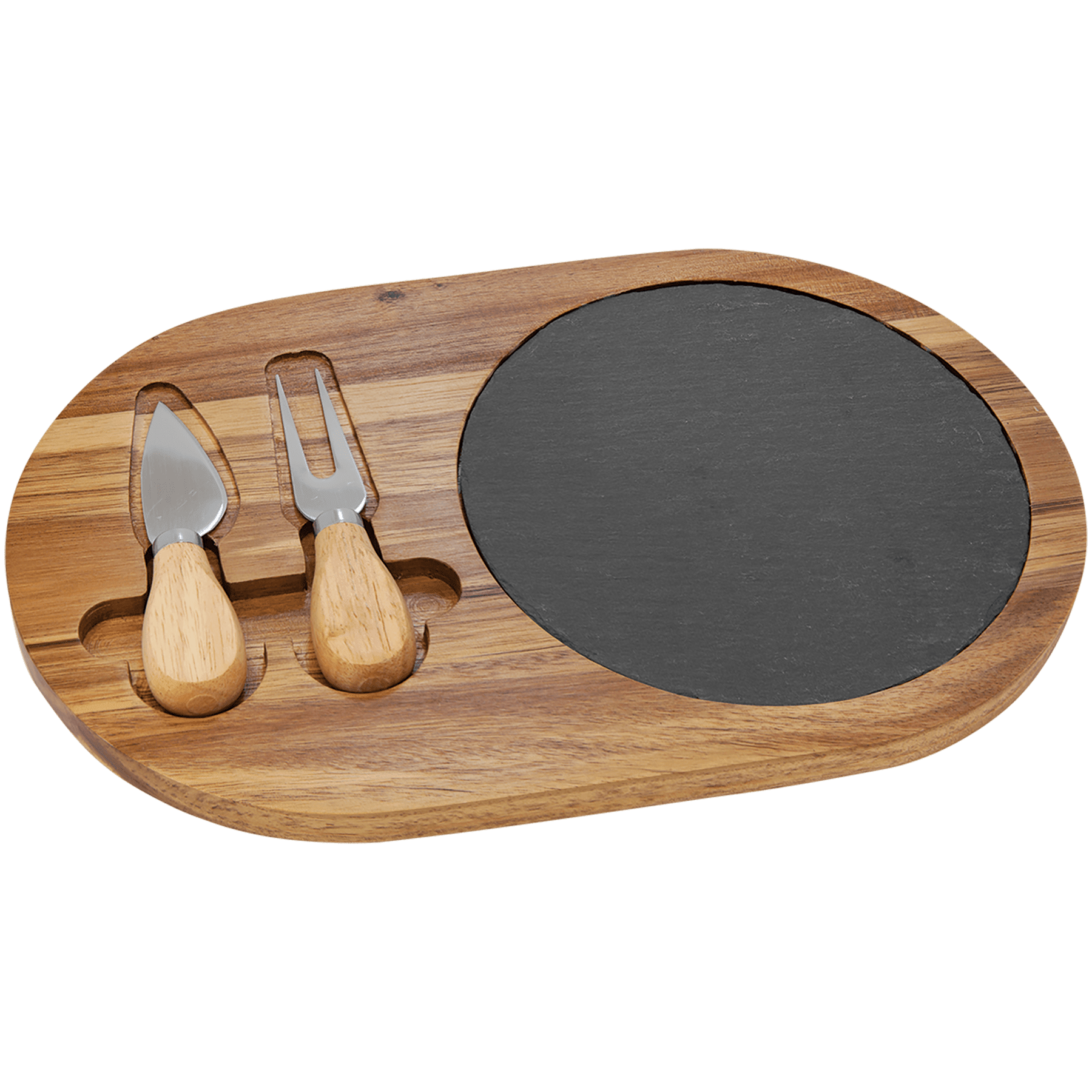 12 1/2" x 7 3/4" Acacia Wood/Slate Oval Cheese Set with Two Tools - JDS