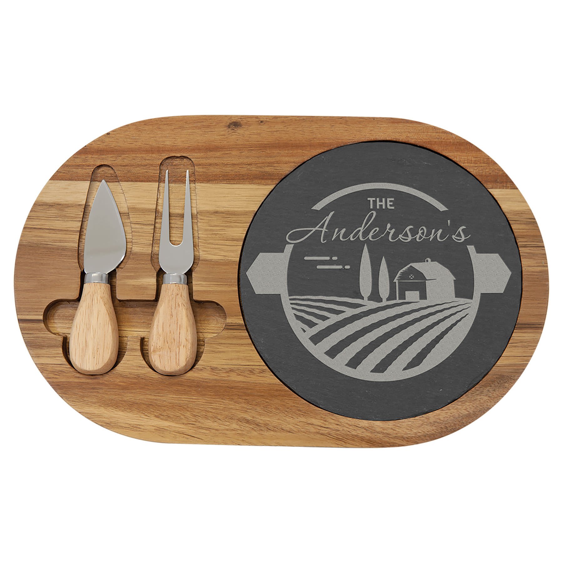 12 1/2" x 7 3/4" Acacia Wood/Slate Oval Cheese Set with Two Tools - JDS