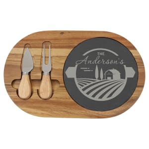 12 1/2" x 7 3/4" Acacia Wood/Slate Oval Cheese Set with Two Tools - SLT088 - Austin Print Co.