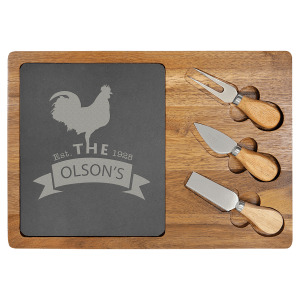 13 3/4" x 9 3/4" Acacia Wood/Slate Rectangle Cheese Set with Three Tools - SLT087 - Austin Print Co.