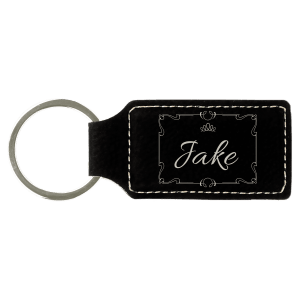 2 3/4" x 1 1/4" Black/Silver Laserable Leatherette Rectangle Keychain - GFT602 - Austin Print Co.