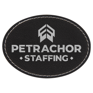 3 1/2" x 2 1/2" Oval Black/Silver Laserable Leatherette Patch with Adhesive - PTH603 - Austin Print Co.