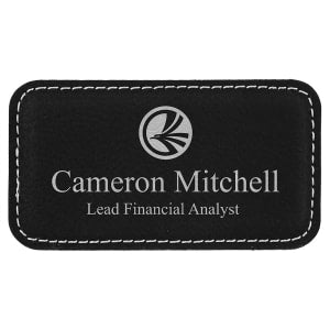 3 1/4" x 1 3/4" Black/Silver Laserable Leatherette Badge Blank with Magnet - BDG169 - Austin Print Co.