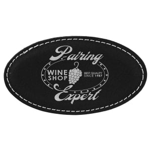 3 1/4" x 1 3/4" Black/Silver Laserable Leatherette Oval Badge Blank with Magnet - BDG109 - Austin Print Co.