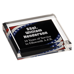 3 3/4" x 3 3/4" Stars & Stripes Marbleized Acrylic Paperweight - APW44SS - Austin Print Co.