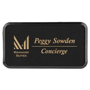 3" x 1 1/2" Black/Gold Laserable Leatherette Round Corner Badge & Frame - BDG263 - Austin Print Co.