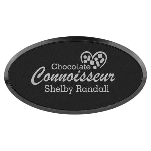 3" x 1 1/2" Black/Silver Laserable Leatherette Oval Badge & Frame - BDG209 - Austin Print Co.