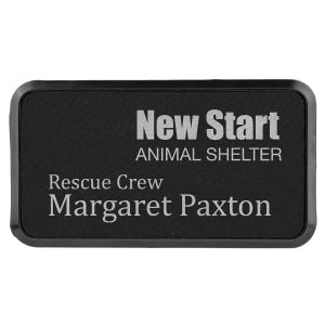 3" x 1 1/2" Black/Silver Laserable Leatherette Round Corner Badge & Frame - BDG269 - Austin Print Co.
