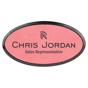 3" x 1 1/2" Pink Laserable Leatherette Oval Badge & Frame - BDG208 - Austin Print Co.