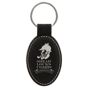 3" x 1 3/4" Black/Silver Laserable Leatherette Oval Keychain - GFT601 - Austin Print Co.