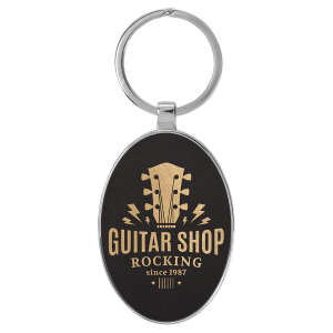 3" x 1 3/4" Laserable Leatherette/Metal Black/Gold Oval Keychain - GFT2152 - Austin Print Co.