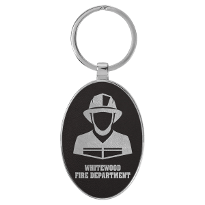 3" x 1 3/4" Laserable Leatherette/Metal Black/Silver Oval Keychain - GFT2156 - Austin Print Co.