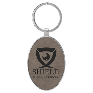 3" x 1 3/4" Laserable Leatherette/Metal Gray Oval Keychain - GFT2154 - Austin Print Co.