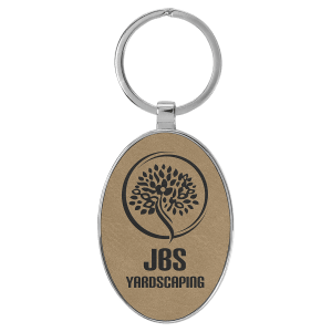 3" x 1 3/4" Laserable Leatherette/Metal Light Brown Oval Keychain - GFT2150 - Austin Print Co.