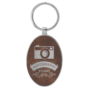 3" x 1 3/4" Laserable Leatherette/Metal Rustic/Silver Oval Keychain - GFT2157 - Austin Print Co.