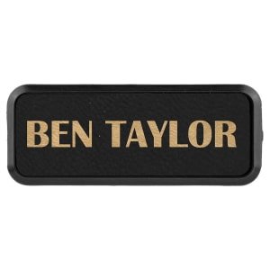 3" x 1" Black/Gold Laserable Leatherette Round Corner Badge & Frame - BDG233 - Austin Print Co.