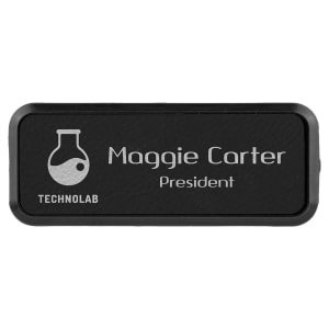 3" x 1" Black/Silver Laserable Leatherette Round Corner Badge & Frame - BDG239 - Austin Print Co.