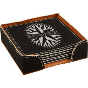 4" x 4" Black/Silver Square Laserable Leatherette 6 - Coaster Set - GFT284 - JDS