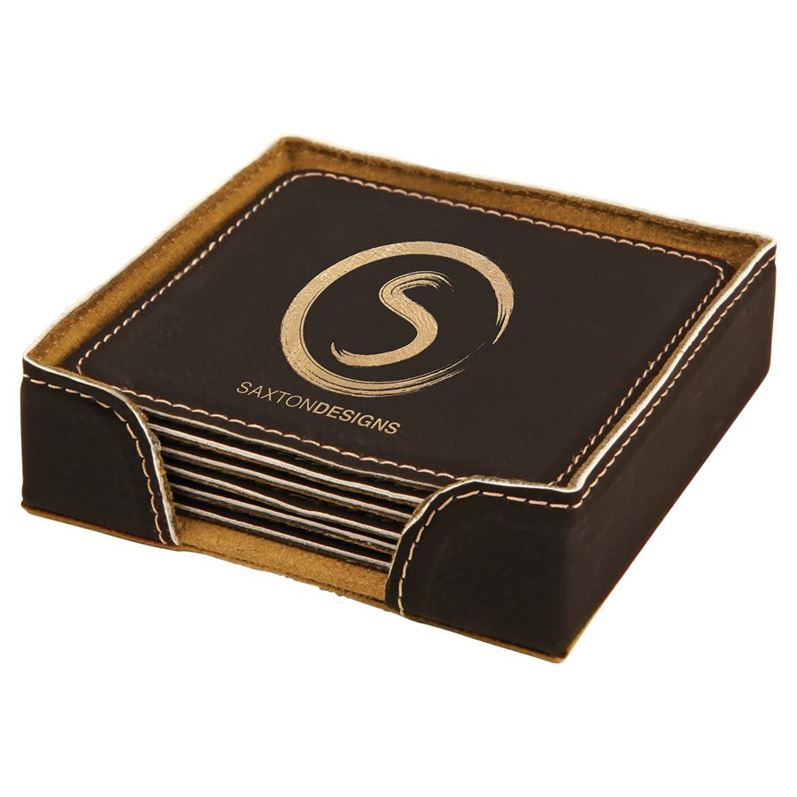 4" x 4" Square Laserable Leatherette 6 - Coaster Set - JDS