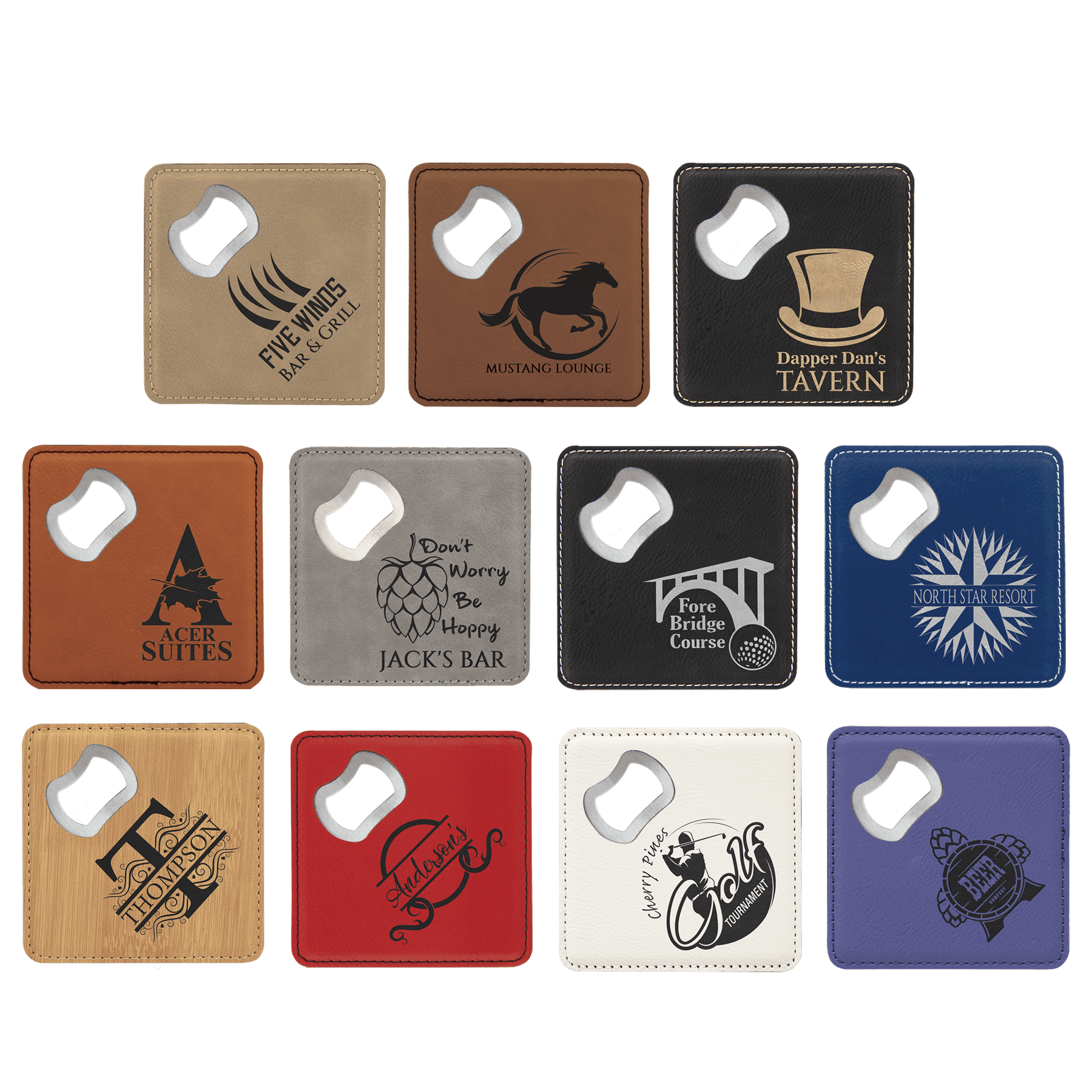 4" x 4" Square Laserable Leatherette Coaster with Bottle Opener - JDS