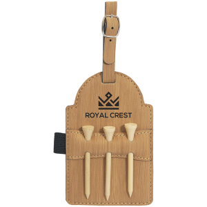 5" x 3 1/4" Bamboo Laserable Leatherette Golf Bag Tag with 3 Wooden Tees - GFT2032 - Austin Print Co.