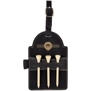 5" x 3 1/4" Black/Gold Laserable Leatherette Golf Bag Tag with 3 Wooden Tees - GFT2025 - Austin Print Co.