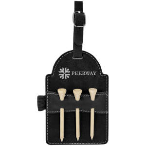 5" x 3 1/4" Black/Silver Laserable Leatherette Golf Bag Tag with 3 Wooden Tees - GFT2029 - Austin Print Co.