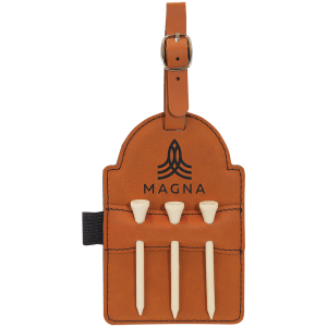 5" x 3 1/4" Rawhide Laserable Leatherette Golf Bag Tag with 3 Wooden Tees - GFT2026 - Austin Print Co.