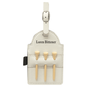 5" x 3 1/4" White Laserable Leatherette Golf Bag Tag with 3 Wooden Tees - GFT2033 - Austin Print Co.