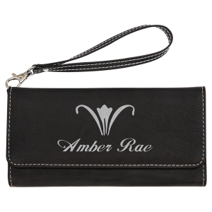 7 1/2" x 4" Black/Silver Laserable Leatherette Wallet with Strap - GFT2138 - Austin Print Co.