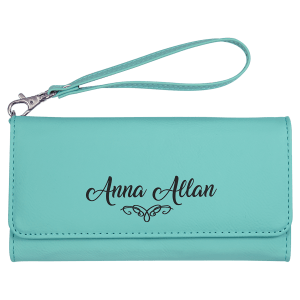 7 1/2" x 4" Teal Laserable Leatherette Wallet with Strap - GFT2140 - Austin Print Co.