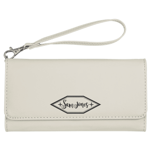 7 1/2" x 4" White Laserable Leatherette Wallet with Strap - GFT2143 - Austin Print Co.