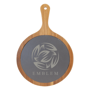 8 1/4" x 12 1/4" Round Acacia Wood/Slate Serving Board with Handle - SLT079 - Austin Print Co.