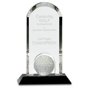 9" Clear Crystal Dome with Inset Golf Ball on Black Pedestal Base - JDS
