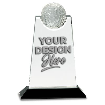 9" Clear Crystal Tablet with Inset Golf Ball on Black Pedestal Base - Austin Print Co.
