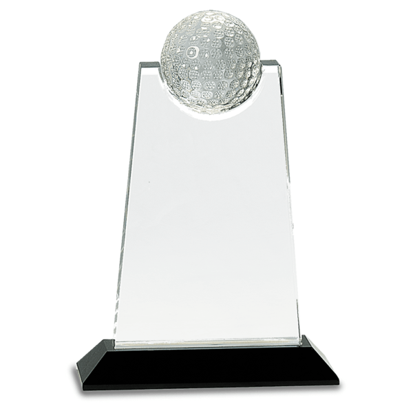 9" Clear Crystal Tablet with Inset Golf Ball on Black Pedestal Base - Austin Print Co.
