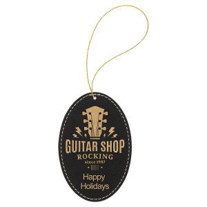 Black/Gold Laserable Leatherette Oval Ornament with Gold String - GFT1078 - Austin Print Co.